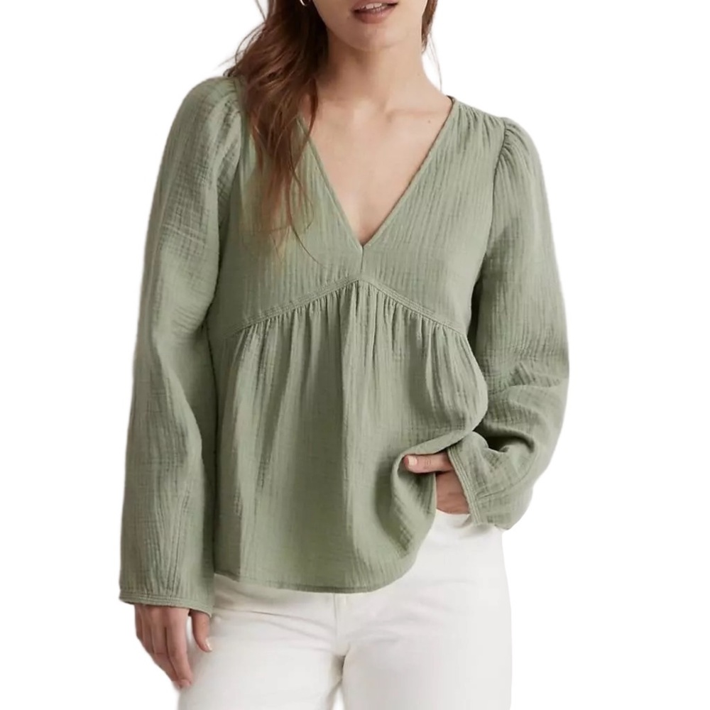 MadeWell Lightspun Peasant Top Dried Aloe Sage Green Blouse Gauze Flowy Boho